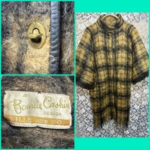 Bonnie Cashin brown and Black Plaid Wool mohair Coat leather trim vintage 50s